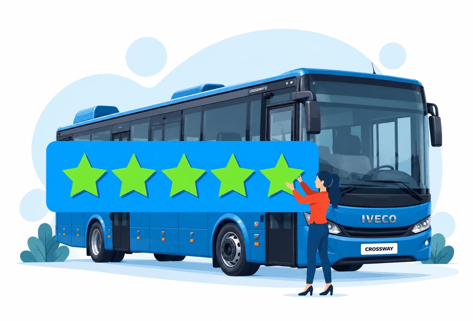 Illustration : devant un autocar Iveco Crossway, une cliente place des étoiles dans une bulle d’avis