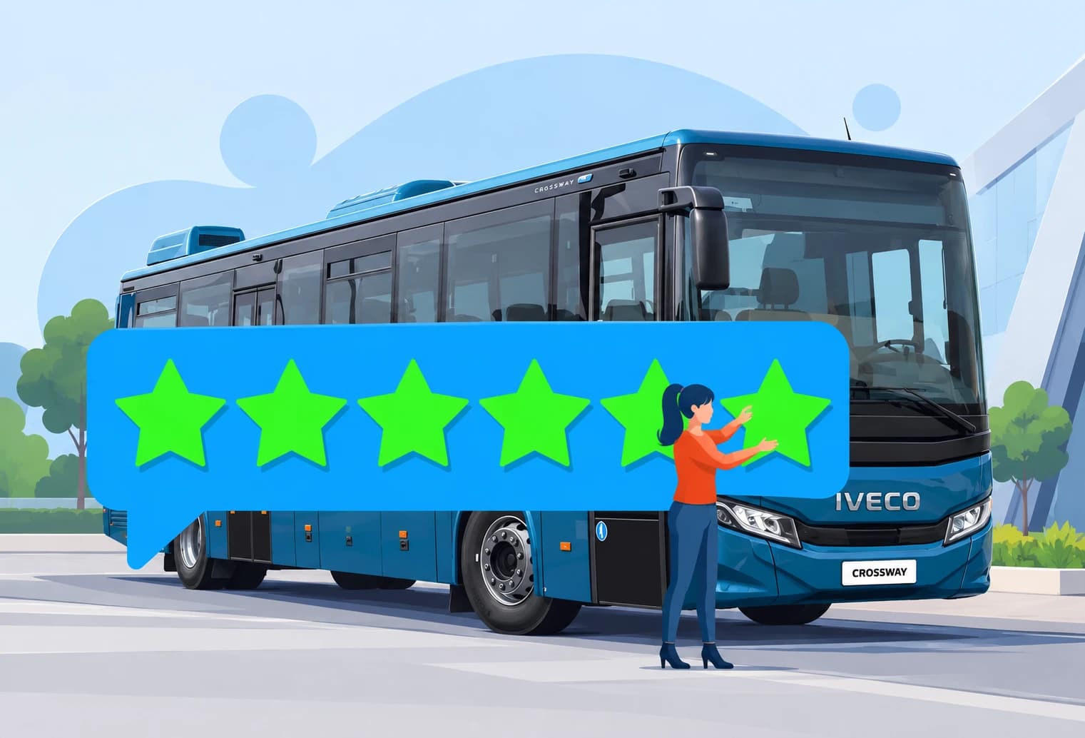 Illustration : devant un autocar Iveco Crossway, une cliente place des étoiles dans une bulle d’avis